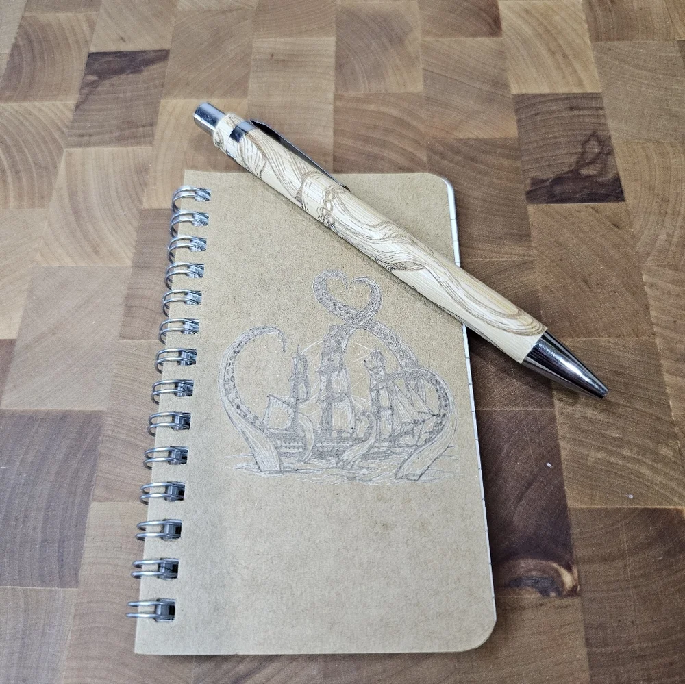 Kraken Notebook & Bamboo Pen Gift Set | Nautical Engraved Journal